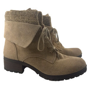 LUCKY BRAND Huntress Lace Up Ankle Boots Tan w/ knit collar Size 9 M/ EU 39 EUC